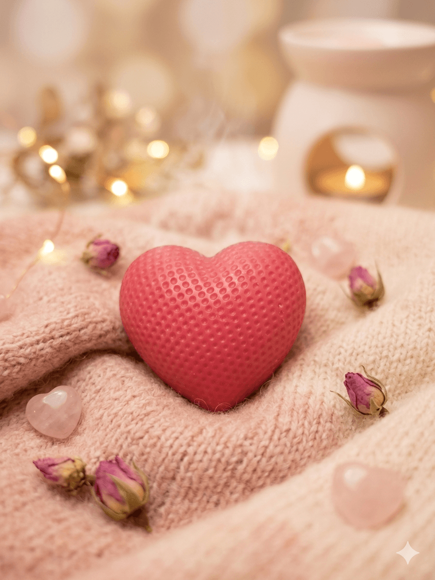 pink textured heart-shaped soap on soft beige fabric with dried rosebuds and heart-shaped crystals
