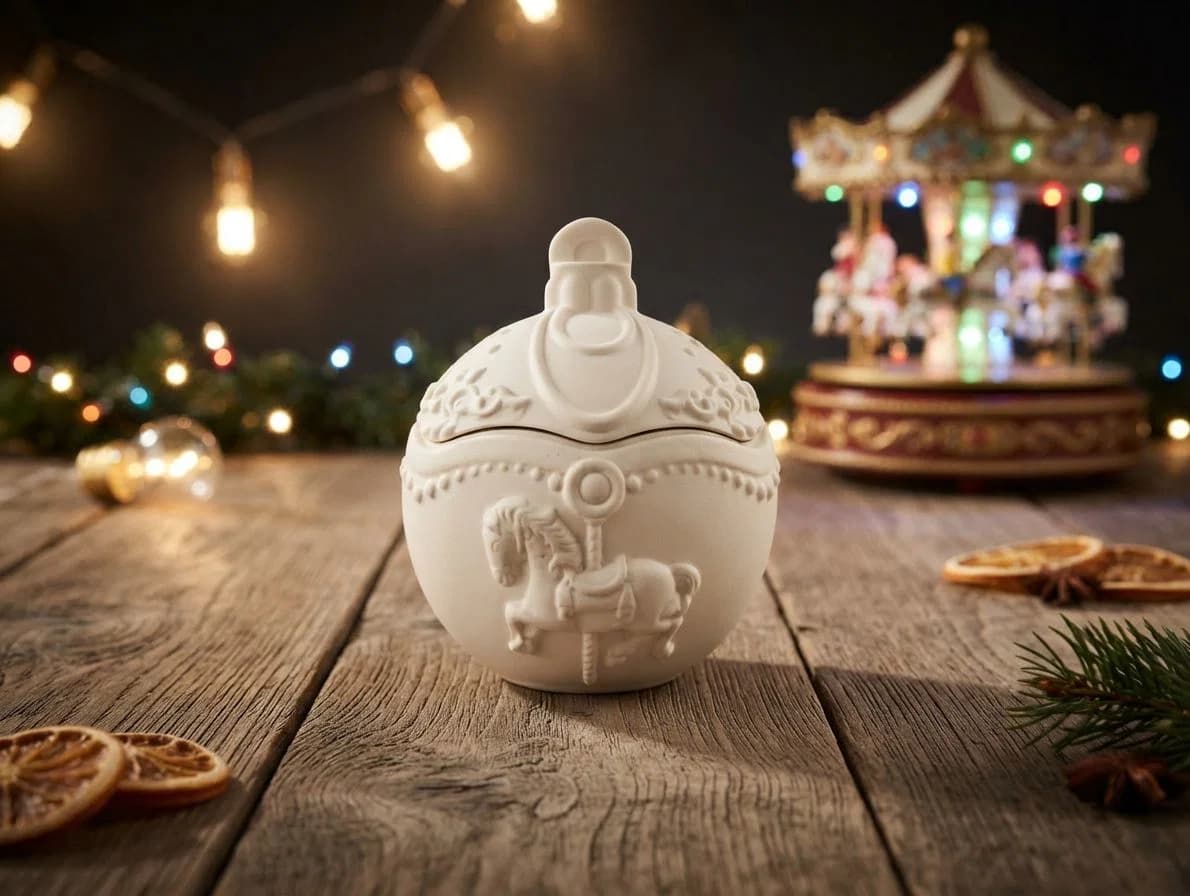 decorative white ceramic container with carousel horse design on wooden table with festive lights and dried orange slices