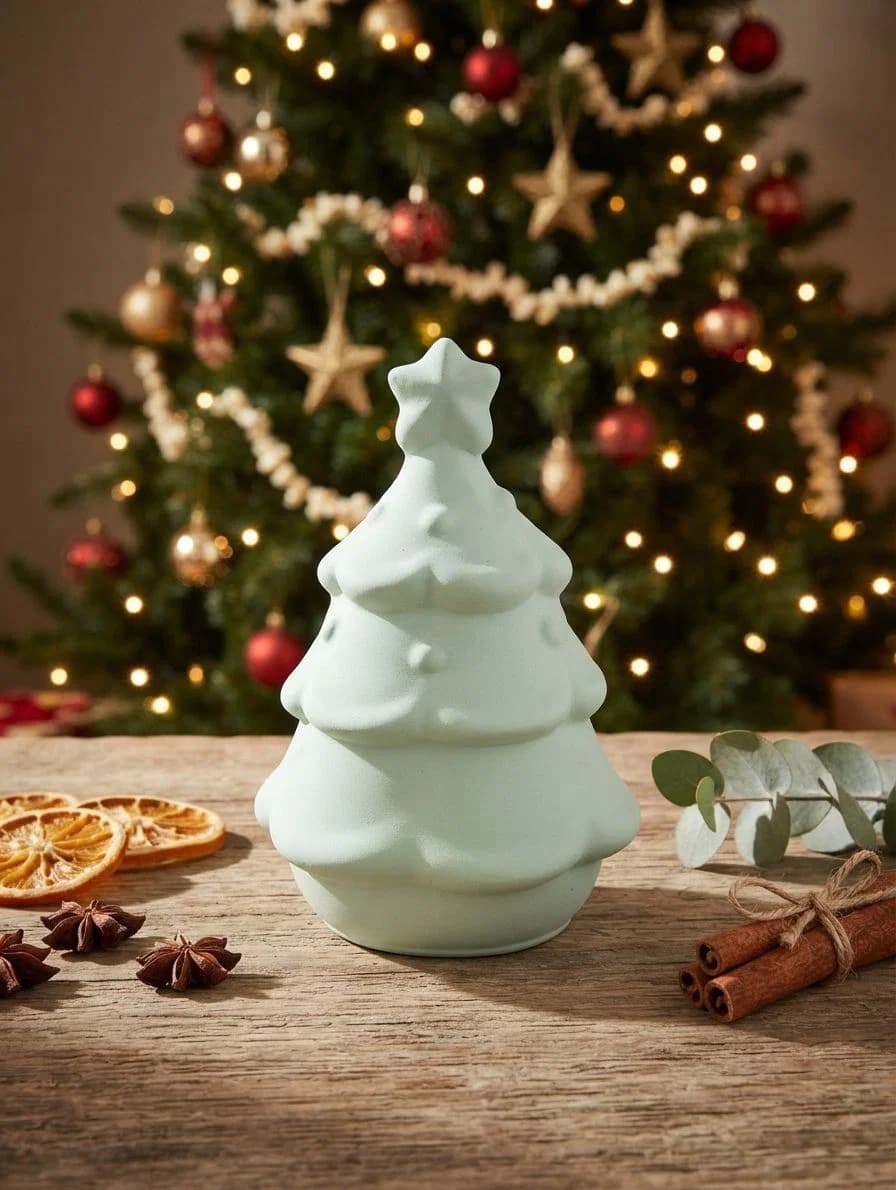 white ceramic Christmas tree decoration with spices on wooden table and decorated Christmas tree background