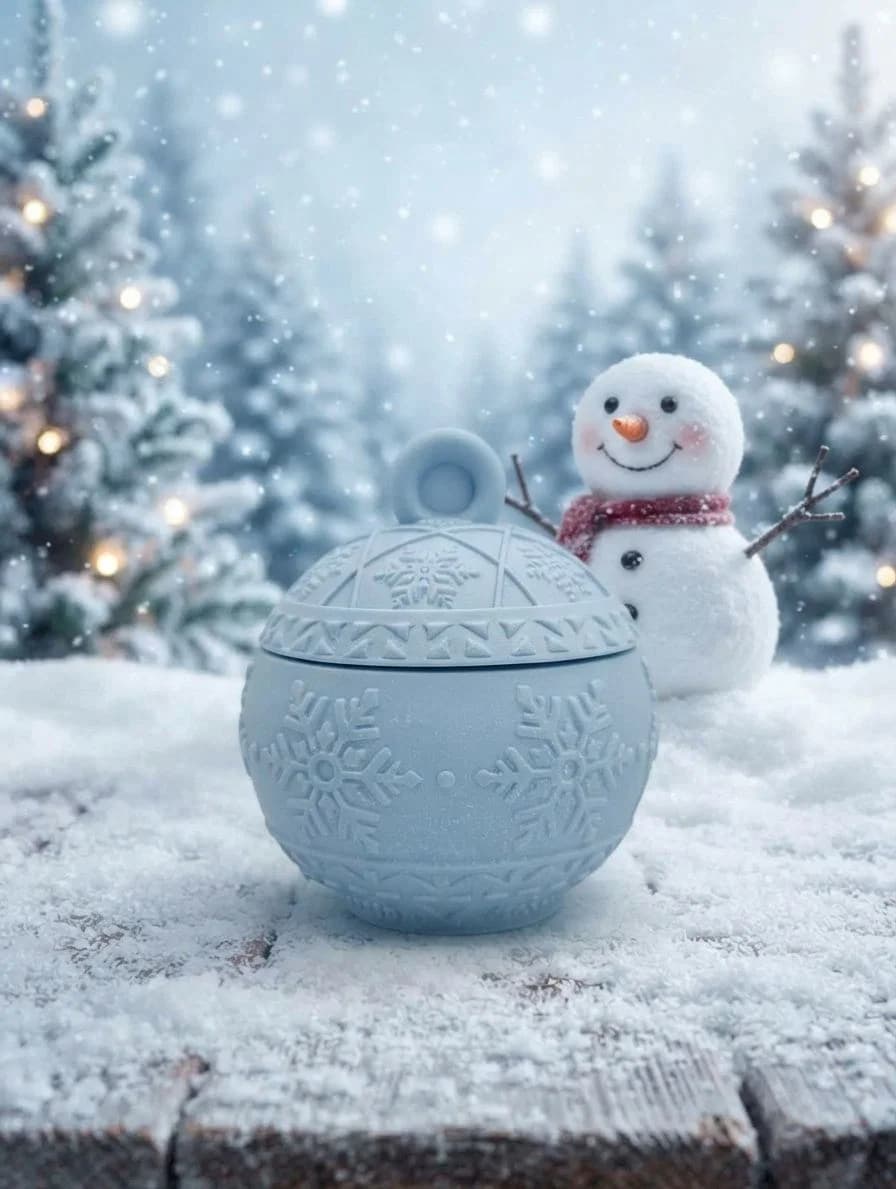 blue snowflake patterned candle holder with smiling snowman in snowy winter setting