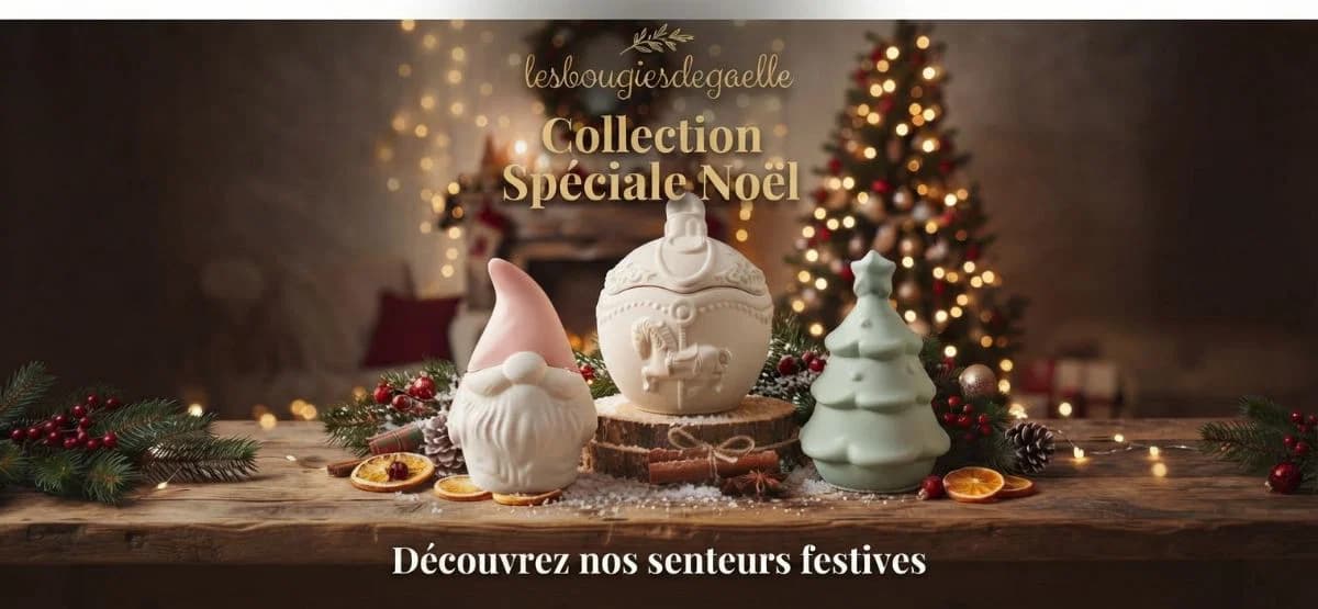 festive Christmas candles shaped like gnome, ornament, and tree on wooden table with holiday decor background